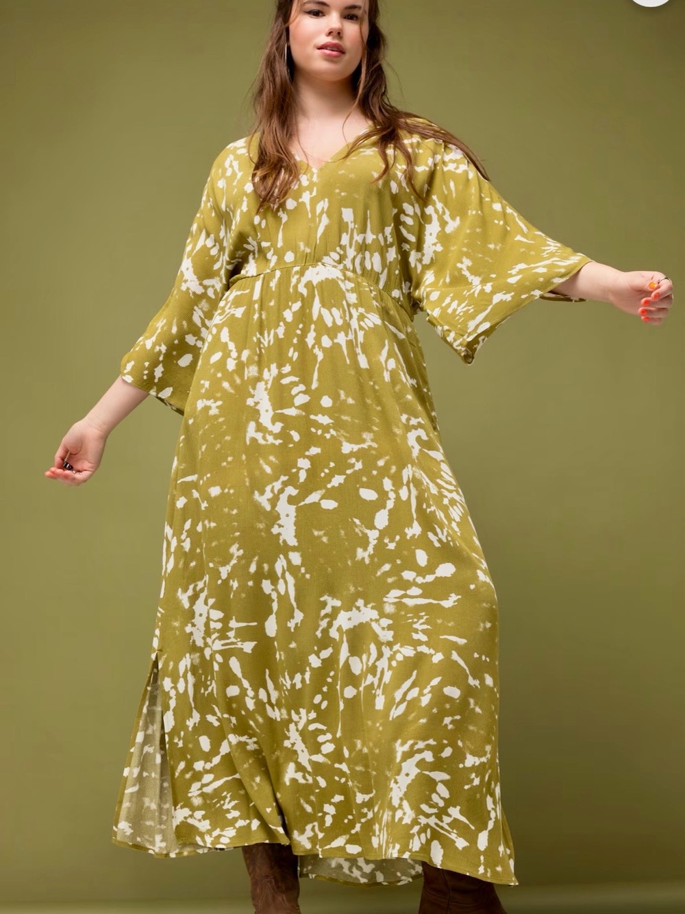 Studio One Olive & White Paint Spatter V-Neck Maxi Dress